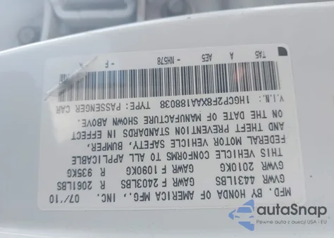 2010 Honda Accord 2.4 Ex-L из США, поврежденный, VIN 1HGCP2F8XAA188038